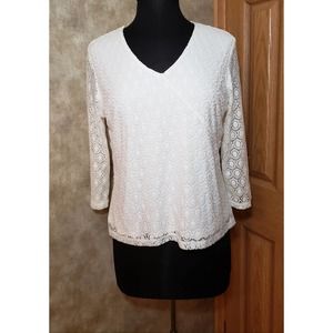 Ruby Rd. Size PL 3/4 sleeve white with crochet shell blouse